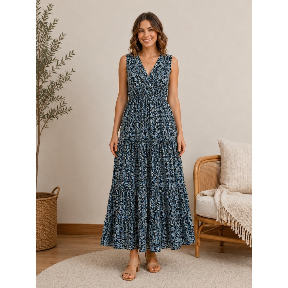 Lulus‎ Ditsy Tiered Maxi Dress Womens Large Black Blue Floral Cottagecore Boho